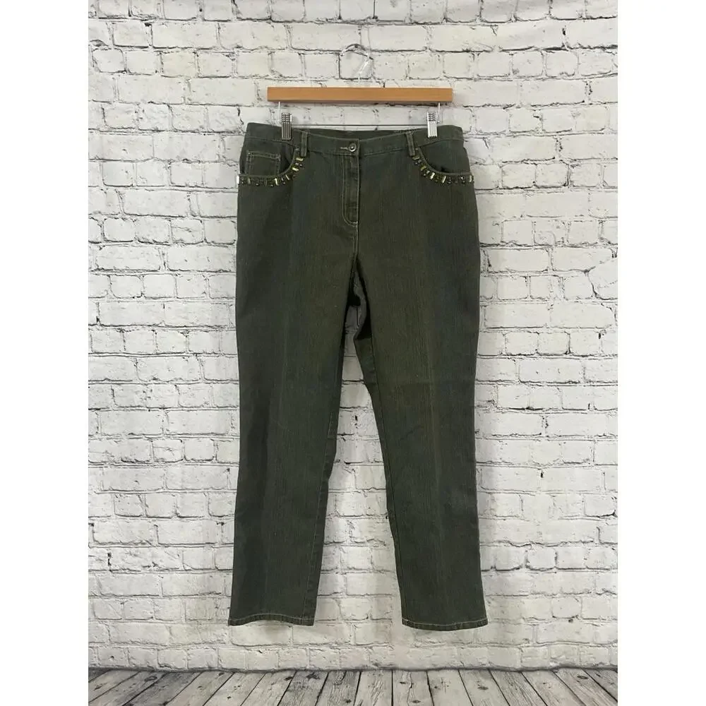 Ruby‎ Rd Jeans Women 12 Green Comfort Stretch Sparkle Fabric Embellished Granny